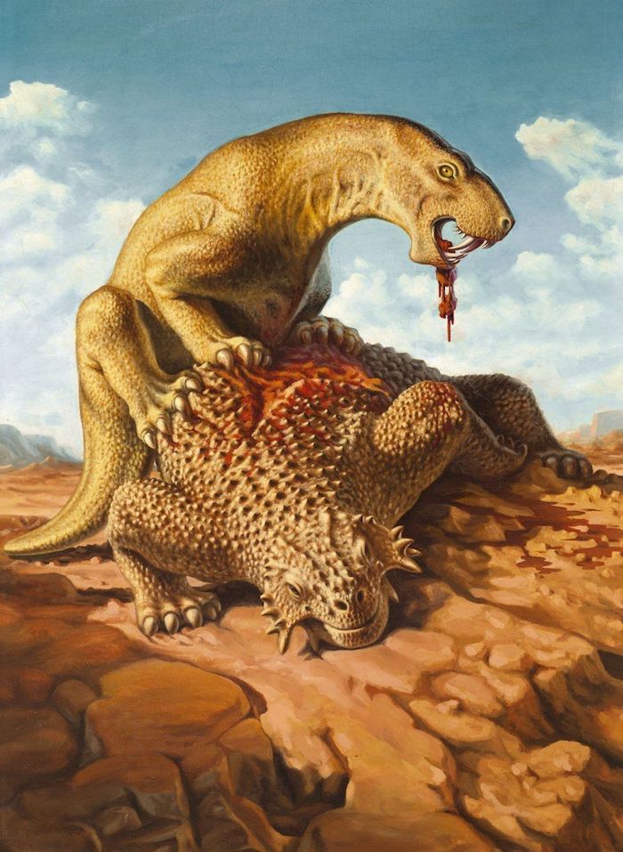 Inostrancevia, devouring a Parelasaurus by Alexei Petrovich Bystrow