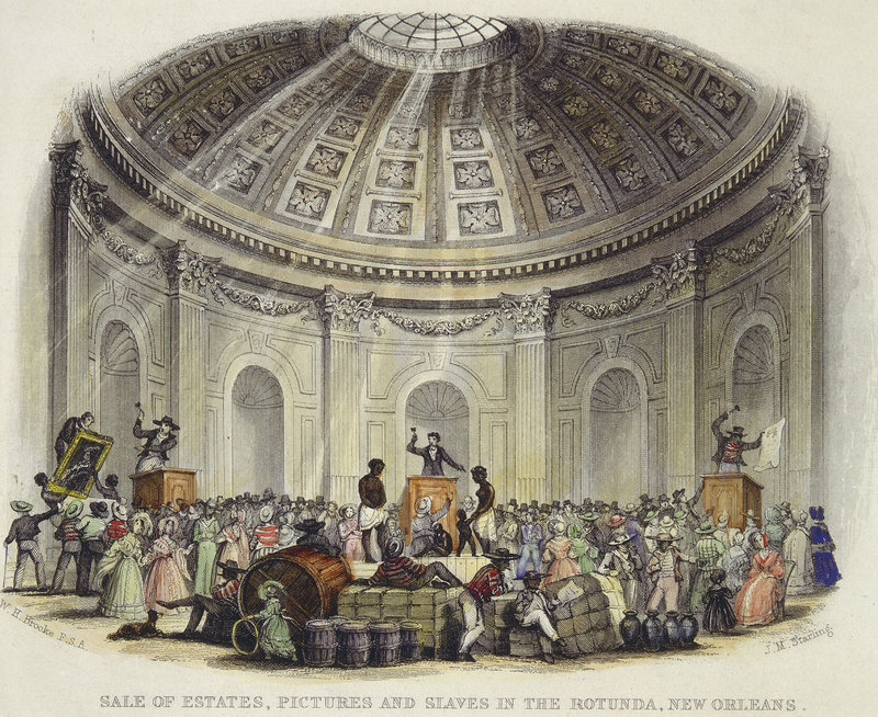 'Interior view of a room with a rotunda ceiling during an auction of slaves, artwork and goods' by Wiliam Henry Brooke