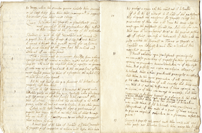 John Locke's manuscript 'Reasons for tolerating Papists equally with others'